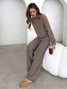 Aloruh 女士休闲圆领宽松长袖条纹T恤和高腰弹力裤两件套 - 彩色 - 查看 7