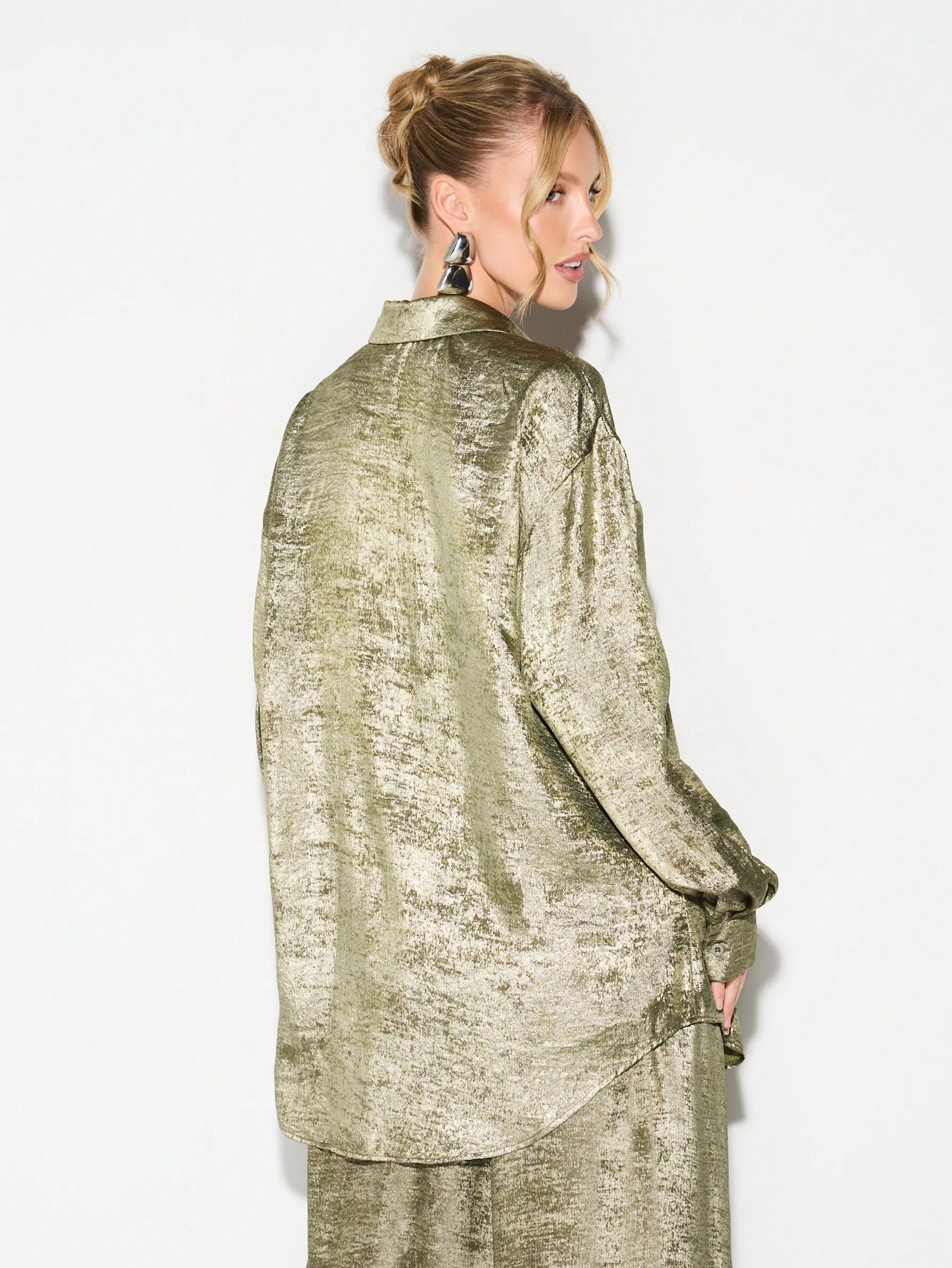 KIZN Metallic Olive Lame Chiffon Oversized Shirt