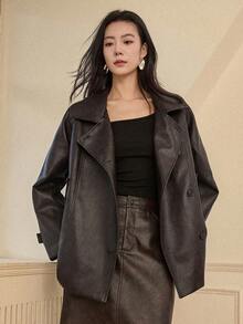 Dazy-Less Áo khoác nữ cổ ve lật dáng vintage, áo khoác da mùa thu, áo khoác công sở thường ngày. - màu nâu - Xem 3