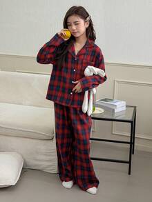 DAZY Tween Girl Plaid Lapel NeckSingle-Breasted Top And Pants Pajama Set