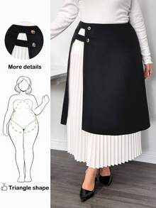 Truni 大码女式百褶黑白撞色半身裙，金属扣细节/秋冬 - 黑與白 - 查看 1