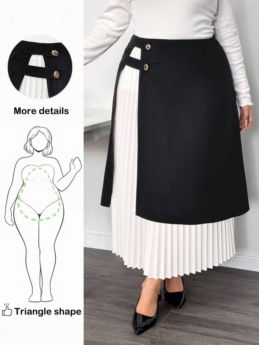 Truni 大码女式百褶黑白撞色半身裙，金属扣细节/秋冬 - 黑與白 - 查看 1