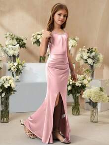 SHEIN Girls' Elegant Minimalist Fashion Sleeveless High Waist Dress With Slit, Solid Satin Shiny Fabric, High-End Flower Girl Dress For Wedding, Graduation, Pink - Pink - View 6