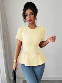 Elenzga Áo kiểu nữ tay ngắn cổ tròn thắt eo, thắt nơ, trang trí nơ, trang trí thắt lưng, giản dị, màu trơn, thích hợp mặc đi làm, đi chơi, đi nghỉ, mùa xuân/hè - Vàng nhạt - Xem 3