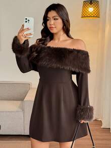 Vionelle Plus Size Detachable Fur Collar & Cuff Off-Shoulder Dress, Elegant Brown Autumn Coffee Dark Chocolate Top Blouses For Women - Brown - View 4