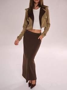 Avenya Elegant Shades Of Brown Autumn Color Block Lapel Cropped Windbreaker Jacket,Fashionable Office Patchwork Short Buckle Suit Top,Y2K Goddess Style - Brown - View 4
