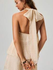 Freevana 女士纯色露背吊带无袖迷你连衣裙 - 杏色 - 查看 1