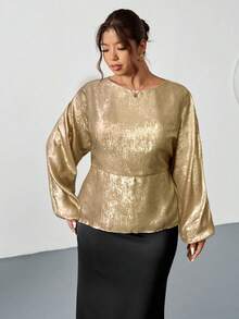 SHEIN Privé 大码女式纯色蝙蝠袖长袖金属色宽松时尚衬衫 - 金色 - 查看 6