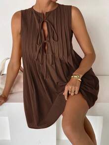 Siren Gaze 女式纯色褶皱系带领优雅无袖迷你连衣裙女式短裙夏季女式夏装工作夏装女式夏装女式加大太阳裙棕色连衣裙女式棕色太阳裙咖啡棕色连衣裙棕色夏装系带连衣裙女式棕色系带连衣裙