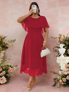 Cravure 女士加大码圆领宽松纯色优雅长款雪纺连衣裙 夏季女装 春季连衣裙 优雅正式女装 婚礼女装 婚礼宾客紫色中长连衣裙 优雅中长连衣裙 紫色优雅连衣裙 女士闪亮连衣裙 女士优雅连衣裙 - 紅色 - 查看 5