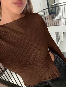 SHEIN Essnce 女士休闲纯色开叉下摆修身T恤，春秋，不对称上衣，长袖，长袖短款上衣，女士长袖，长袖衬衫，女士衬衫 - 咖啡棕 - 查看 6