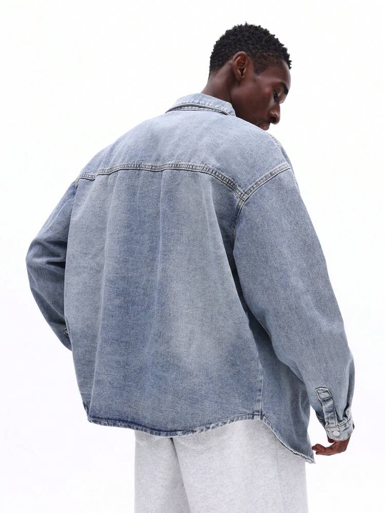 SUMWON Regular Fit Denim Button Down Shirt With Classic Collar And Dual Chest Pockets Long Sleeve Medium Wash Casual Work Shirt Plain