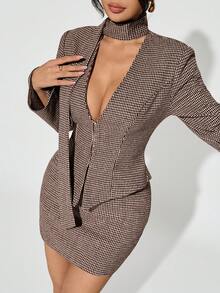 SHEIN PETITE Fall/Winter 3pcs Retro Chic Commuter Brown Houndstooth Wool Suit Set: Fitted Blazer + Low-Waist Skirt + Scarf (Includes Shoulder Pads) Tweed Two Pieces Set Brown Blazer Women Brown Two Pieces Set Women Blazer Skirt Set Skirt Suit - Brown - View 6