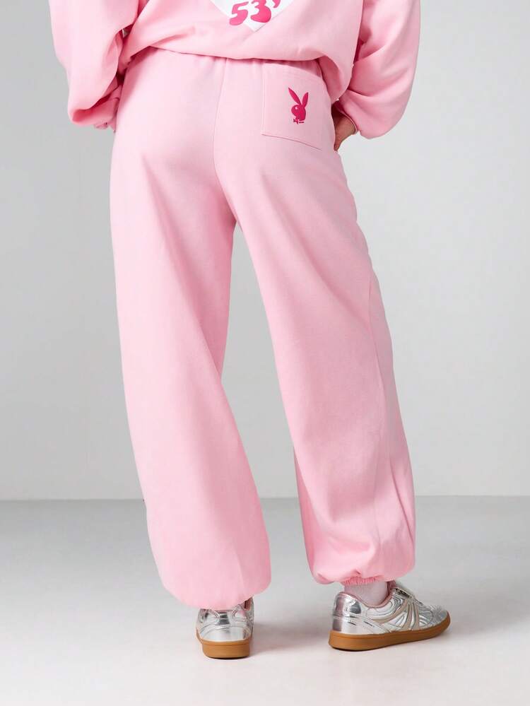 Missguided x Playboy Oversized Heart Graphic Joggers Sweatpants With Side Pockets Casual Lounge Pants Wide Leg Drawstring Waistband Fall Winter Comfort Wear