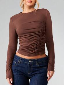 MISSGUIDED 褶皱长袖上衣，侧边收褶细节，圆领修身包臀款式，秋冬基础款T恤 - 咖啡棕 - 查看 5