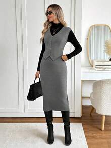 Easowa Bộ 2 món áo vest và chân váy công sở thời trang thu đông dành cho nữ - Xám - Xem 5