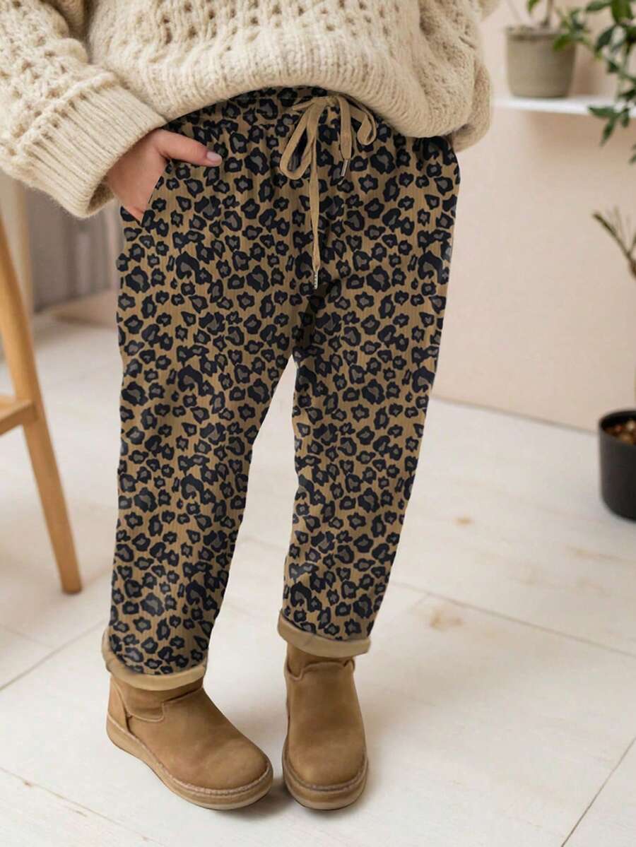 SHEIN LUNE Plus Size Women Leopard Print Drawstring Waist Pockets Casual Sweatpants Graduation,Back To School Outfits,Graduation,Teacher Outfits For Women,Back To School Fall Cloth For Women - Multicolor - View 1