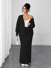 Elenzga Plus Size Elegant Solid Color Button-Front Cardigan And Skirt 2-Piece Set, Autumn/Winter - Black - View 3