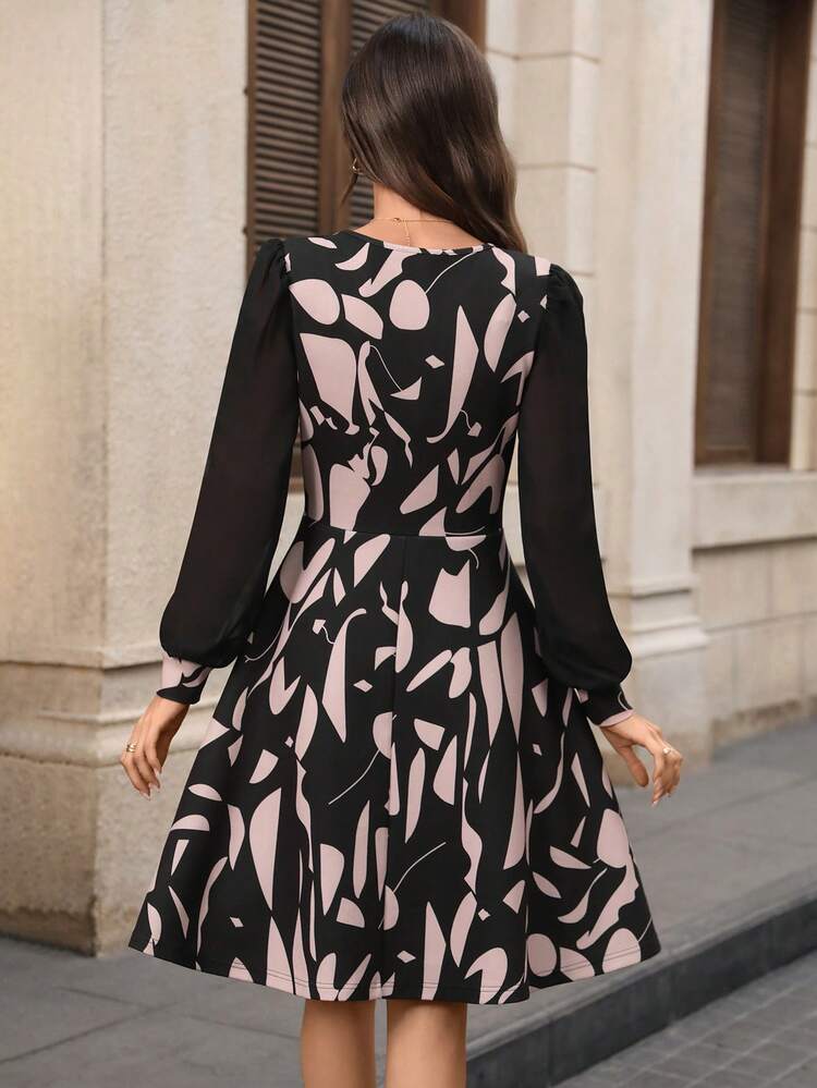 Women's Elegant V-Neck Long Sleeve Printed Mini Dress Winter Dress Elegant Dresses For Women Fall Dresses For Women Elegant Midi Dress Long Sleeve Elegant Dress Going Out Dress