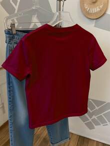 Resyla Herz-Strass-Dekor, modisches minimalistisches Damen-Rundhals-Kurzarm-T-Shirt, Geschenk für Freunde - Bordeaux - Übersicht 2