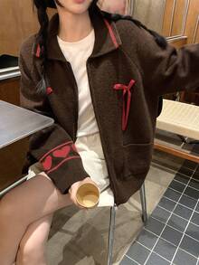DAZY Women's Collared Tie-Front Cardigan With Bow Accent, Autumn/Winter School Vacation - Coffee Brown - View 4