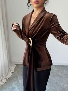 Elenzga Women's Solid Color Metal Ring Pleated Elegant Long Sleeve Blouse - Camel - View 5