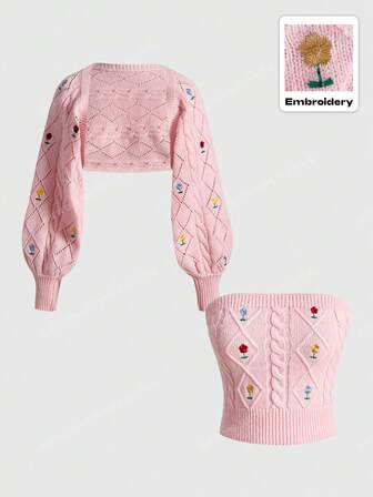 Kawaii 2 pièces/set Pull tricoté doux avec décoration nouée rose doux, brodé. Ensemble comprenant un top tube + un cardigan court. Parfait pour Noël et le Nouvel An