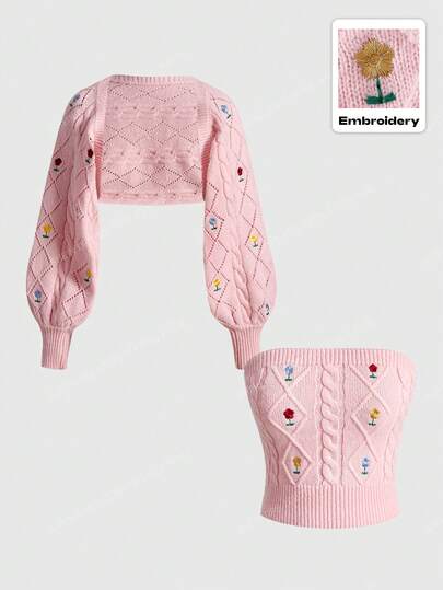 ROMWE Kawaii 2 Parça Tatlı Pembe İşlemeli Bağcıklı Dekor Yumuşak Örgü Kazak Seti - Tüp Üst + Kısa Hırka, Noel ve Yeni Yıl