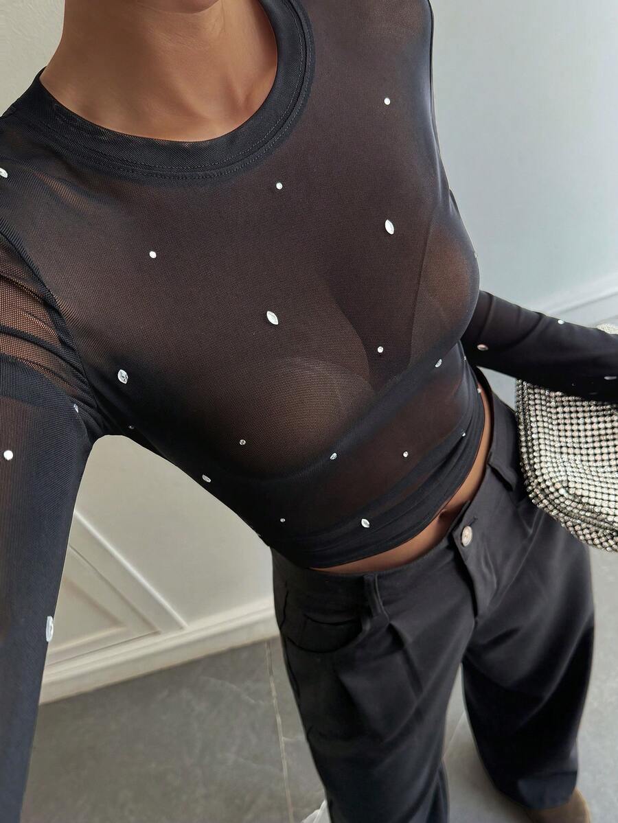 Livesso Women's Rhinestone Shiny Black Camisole, Basic Slim Fit Top, Suitable For Autumn, Winter, Spring, Summer, New Year, Christmas, Fashion Party, Thin Mesh - Black - View 1