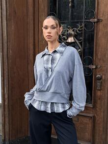 Modviera 2-In-1 Faux Brushed Plaid Shirt Collar Commuter Outfit, Elegant Style For Autumn Grey Wrap Top Wide Leg Pants Black Pants Blouse And Pants Set Plaid Top