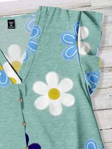 EMERY ROSE 女士休闲印花V领荷叶边袖口上衣，夏季花朵上衣，女士夏季上衣，春季休闲上衣，女士夏季休闲上衣 - 彩色 - 查看 4