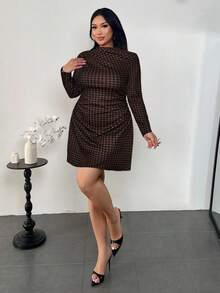 Firerie 大码春秋新款优雅简约精致浪漫甜美日常通勤婚礼派对音乐节假日褶皱A字喇叭千鸟格印花长袖弹力女式迷你短裙 - 彩色 - 查看 6