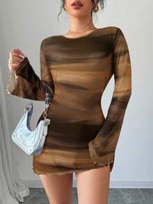 Firerie Váy xòe tay loe hở lưng in họa tiết nhuộm loang cỡ lớn cho nữ, váy đi nghỉ, gợi cảm/nghỉ dưỡng/bãi biển/lãng mạn/lễ hội âm nhạc/thường ngày - Màu nâu  Mocha - Xem 9