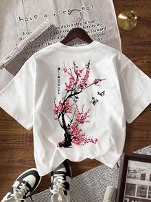 SHEIN 女式休闲花卉印花圆领短袖T恤，夏季 - 白色 - 查看 6