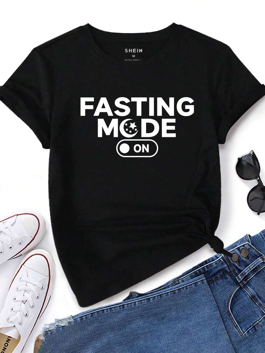 EMERY ROSE 女士休闲字母印花圆领T恤，夏季 - 黑色 - 查看 1