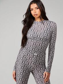 Missguided x Playboy Bunny All Over Print Long Sleeve Fitted Top With Geometric Diamond Pattern For Casual Winter Wear - Multicolor - View 1