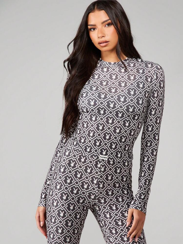 Missguided x Playboy Bunny All Over Print Long Sleeve Fitted Top With Geometric Diamond Pattern For Casual Winter Wear