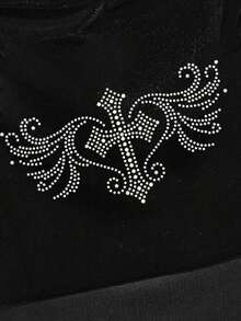 ROMWE Grunge Punk Dark Cross Wing Angel Sexy Goth Velvet Vintage Women Hoodie And Pants 2 Pieces Set - Black - View 2