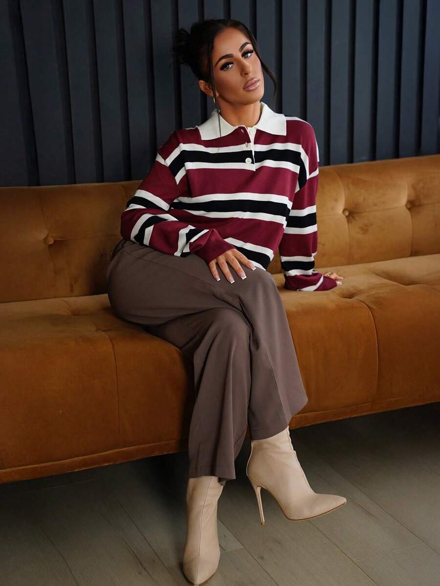 SAYEHFBABY Pull ample à col roulé rayé rouge de Noël, manches longues, vêtements d'automne pour femmes - Rouge foncé - Voir 1