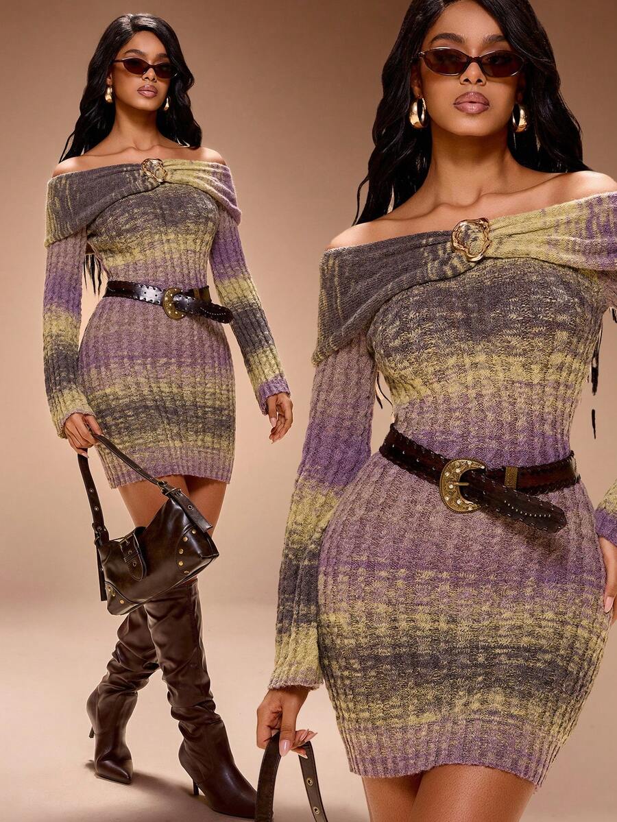 Radiana Metal Buckle Decor Off Shoulder Flare Sleeve Jacquard Knit Sweater Dress, Regular Fit, Autumn/Winter Buzz Light Year;كنزات شتوية نسائي;Red Violet - Multicolor - View 1