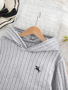 SHEIN Explorewe 2件套 少女罗纹连帽衫上衣（不对称下摆）和打底裤 - 灰色 - 查看 5