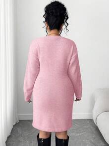 Elenzga فستان كنزة صوفية بطبعة زهرية أنيقة لحجم كبير للنساء، موسم الخريف/الشتاء - وردي - مشاهدة 2