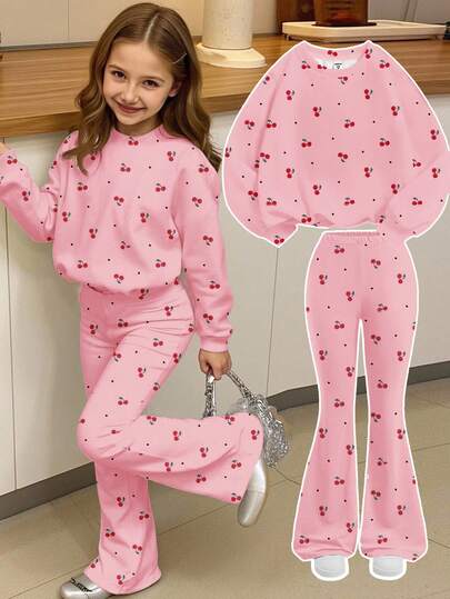 2pcs Vintage Sweet Mini Cherry Print Back To School Casual Loose Fit Crew Neck Long Sleeve Sweatshirt Set, Suitable For Autumn/Winter