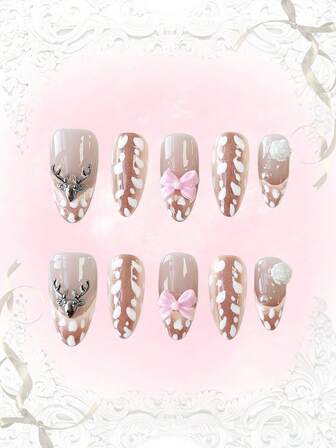 Fairycore 10 pezzi Unghie finte di alta qualità con fiocco carino, nota musicale, elemento a stella, realizzate a mano + 3 pezzi di adesivo biadesivo, Adesivi per arte di unghie rimovibili con catena di strass stile francese Y2K a pois, adatti per vacanze, feste, ballo e uso quotidiano