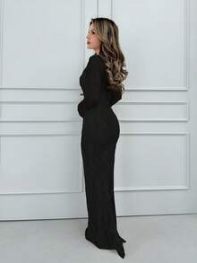 Jemour 女士新款性感S形蕾丝长袖紧身胸衣美人鱼连衣裙，适合派对、约会、晚会 - 黑色 - 查看 4