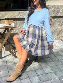 SHEIN A-Line Pleated Plaid Patch Round Neck Long Sleeve Dress - Baby Blue - View 7