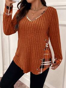 EMERY ROSE Plus Size V-Neck Contrast Plaid Long Sleeve Ribbed T-Shirt, Top For Spring - Orange - View 1