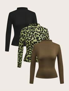 SHEIN LUNE 3pcs/Set Solid Color & Leopard Print Basic Tight Fit T-Shirts, Casual Autumn/Winter Layering,Graphic Tees - Green - View 11