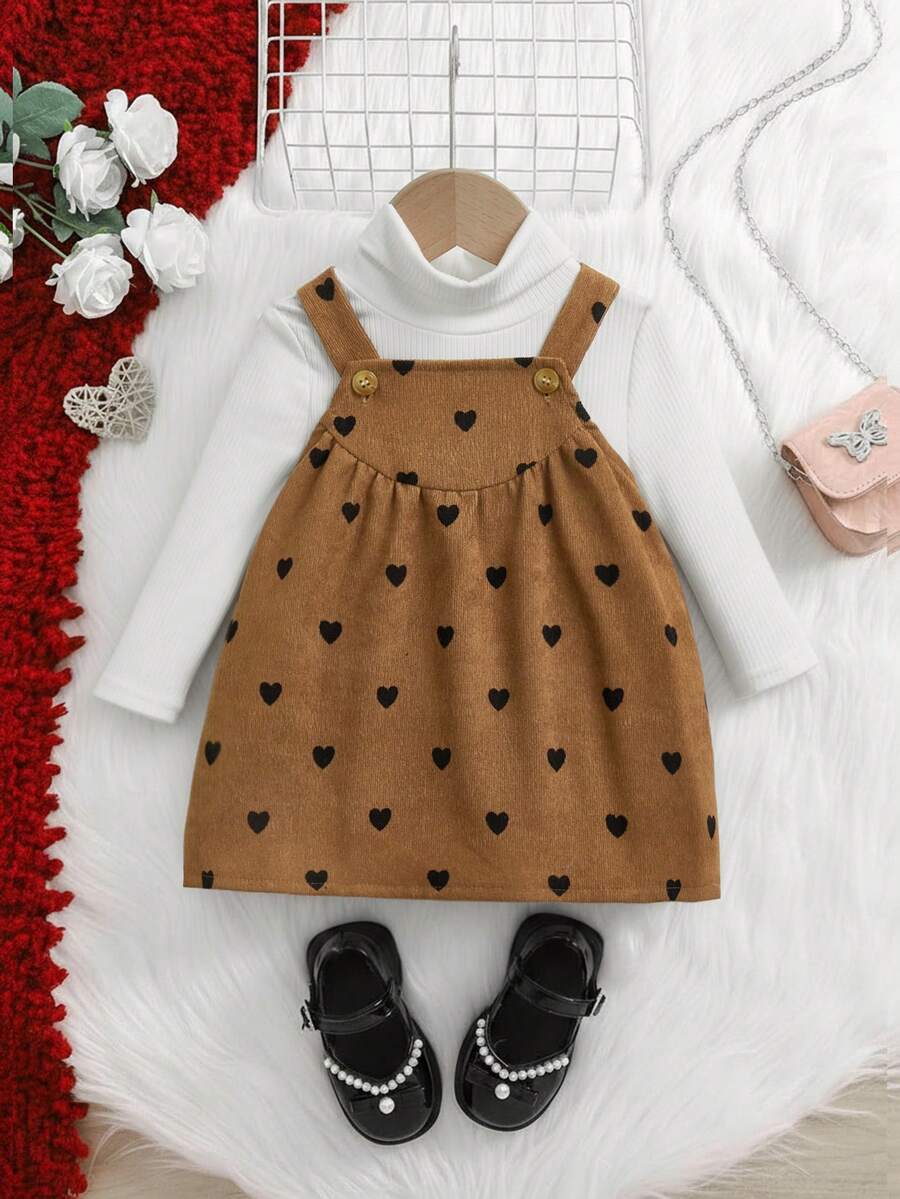 SHEIN Newborn Baby Girl Loose Casual Heart Pattern Suspender Dress - Brown - View 1