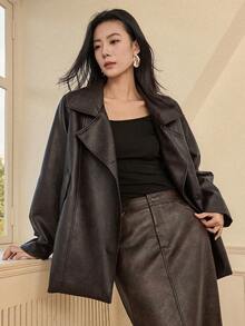 Dazy-Less Áo khoác nữ cổ ve lật dáng vintage, áo khoác da mùa thu, áo khoác công sở thường ngày. - màu nâu - Xem 1